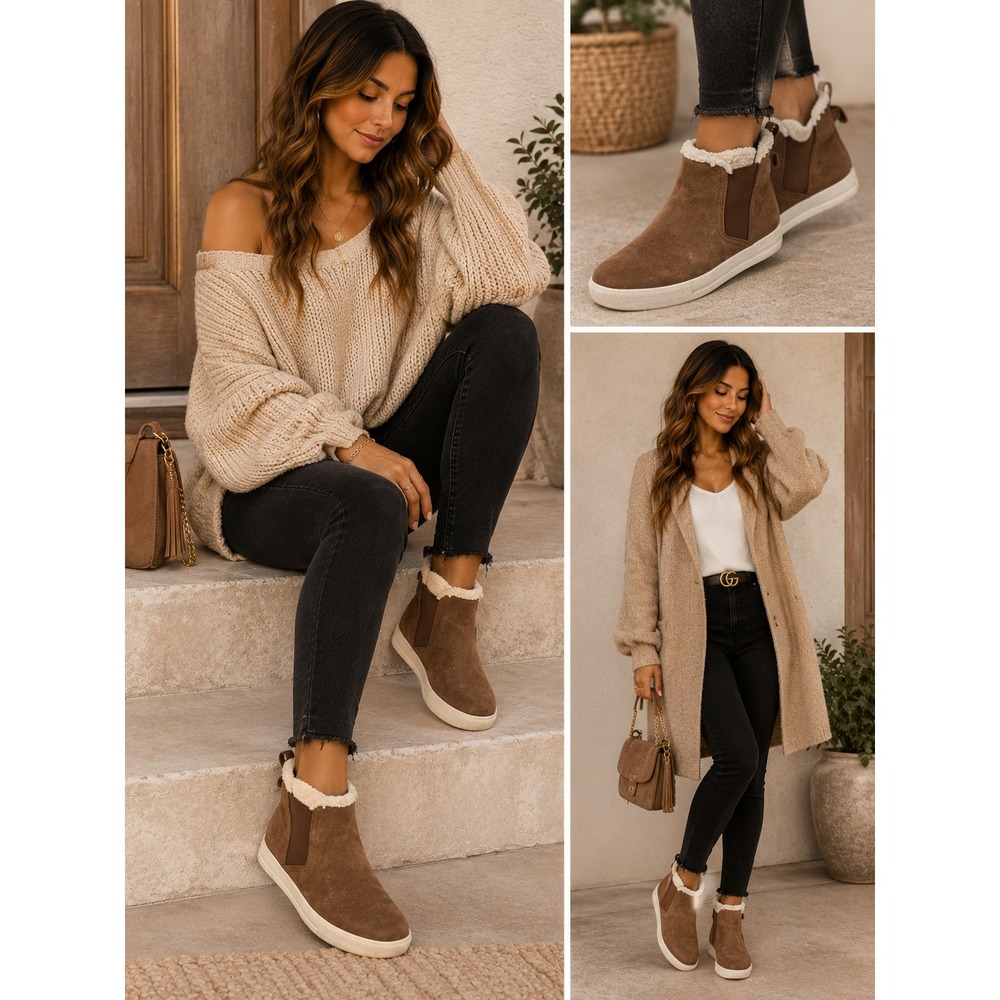Saks Fifth Avenue Justina Brown Suede Shearling Chelsea Sneaker Boots Sz 7